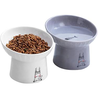Imagem de OMAYKEY Tigelas Elevadas de Cerâmica para Gatos, 16,5 cm, Tigelas Inclinadas para Comida e Água, Evita Fadiga de Bigodes, Sem Estresse, Menos Vômitos, Protege a Coluna, Branco e Cinza