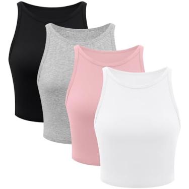 Imagem de 4 peças regatas femininas de algodão básicas costas nadador sem mangas esportivas para treino, 4 peças de gola alta - preto/branco/cinza/rosa, M