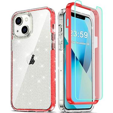 Imagem de COOLQO Capa compatível com iPhone 14 Plus de 6,7 polegadas, com [2 x protetor de tela de vidro temperado] glitter transparente brilhante 360 cobertura total silicone macio 3 em 1 capa protetora de telefone vermelha