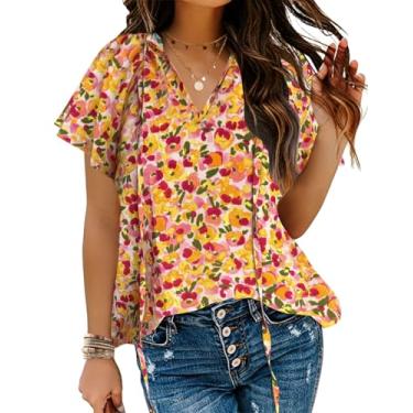 Imagem de HOTOUCH Camisetas femininas casuais de manga curta estampadas de verão blusas com gola V com cordão e babados boho túnica rodada, Floral amarelo vibrante, GG