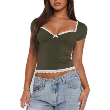 Imagem de Camiseta feminina cropped de manga curta gola redonda com acabamento em linha de renda ajuste sexy P-GG, Verde, G