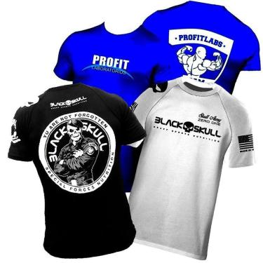 Imagem de Kit 3x Camiseta  - Branca + Preta Black Skull + Azul Profit Roupa Blusa Esportiva de Treino-Unissex