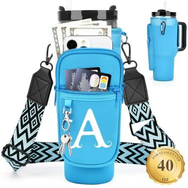 Imagem de LOKASS Suporte de garrafa de água personalizado com alça para acessórios Stanley Cup Tumbler de 1,134 g, bolsa de transporte inicial para garrafa de água com bolso para telefone, para mulheres, ideal