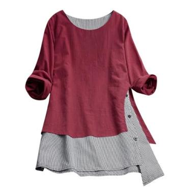 Imagem de Camisetas femininas de linho com botões, gola redonda, vintage, manga curta, patchwork, casuais, soltas, Vermelho, XXG