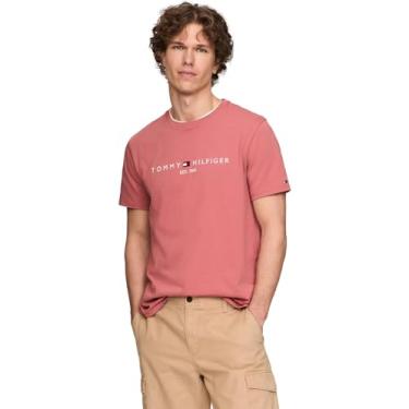 Imagem de TOMMY HILFIGER Camiseta masculina de modelagem regular com logotipo Tommy bordada gola redonda coleção 2024, Fascinação vermelha., XXG