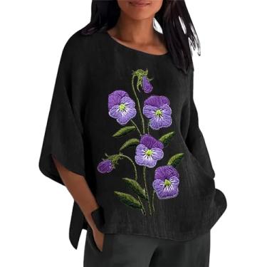 Imagem de Blusa feminina de linho Alzheimer, manga 3/4, roxa, estampa floral, camisetas grandes, blusas soltas, I - preto, P