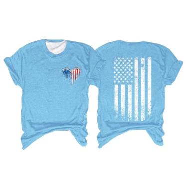 Imagem de Camiseta feminina com bandeira da América, roupa do quarto de julho, roupa do Memorial Day, camiseta patriótica feminina de manga curta, nº 4 - azul-celeste, P