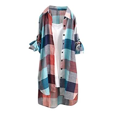 Imagem de Lainuyoah Camisetas femininas superdimensionadas para negócios, blusa macia 2024, gola V, xadrez, manga enrolada, abotoada, A multicolorido., P