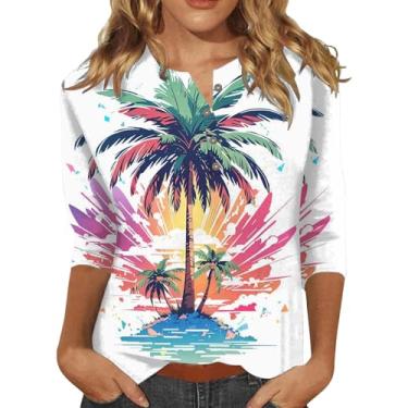 Imagem de Camisetas femininas de verão com estampa floral margarida, manga 3/4, gola V, abotoadas, gola Henley, blusa túnica solta, Branco, 3G