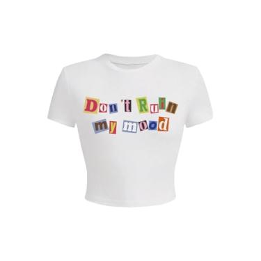 Imagem de GORGLITTER Camiseta feminina com estampa gráfica de letras, gola redonda, caimento justo, manga curta, Slogan multicolorido branco, M