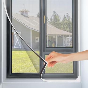 Imagem de Tela magnética para janela - tela de janela ajustável faça você mesmo, tela antimosquito para janela de casa máx. 61 cm x 81 cm, tela de fibra de vidro, molduras brancas, rede cinza, fácil instalação