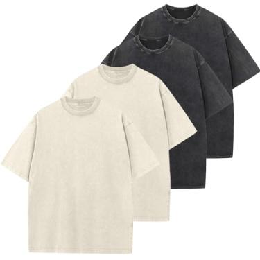 Imagem de Camisetas masculinas de algodão grandes folgadas vintage lavadas unissex manga curta camisetas casuais, Preto + preto + bege + bege, P