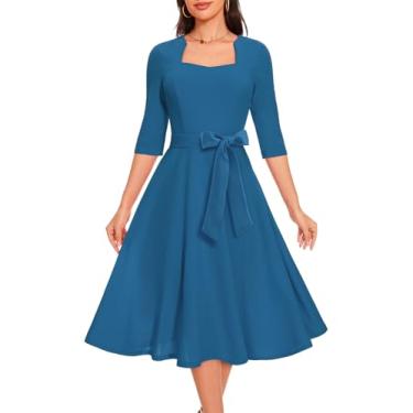 Imagem de HomRain Vestido feminino formal para coquetel com mangas 3/4 evasê para festa de chá modesto, igreja, Azul-cinza, 3G