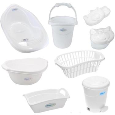 Imagem de Kit banho bebe 8 peças banheira balde bacia lixeira organizador cesto 