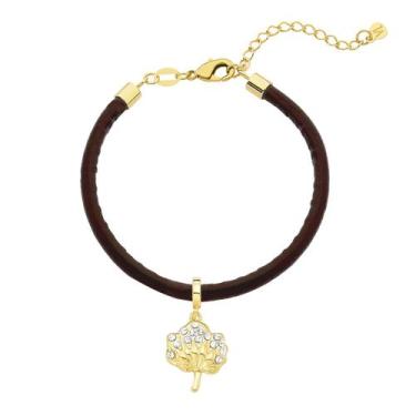 Imagem de Pulseira de Couro Café com Charm Algodão Grande Revestido em Ouro - VL