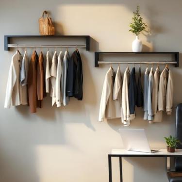 Imagem de Kit 2 De Cabideiros De 50cm Arara Parede Suspensa Para Roupas (Preto)