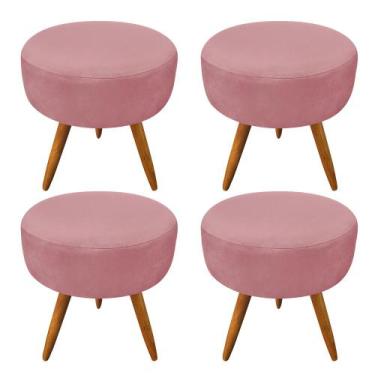 Imagem de Kit 4 Puffs Banqueta Redonda Nina Suede Rosê Pés Palito Castanho - Pal