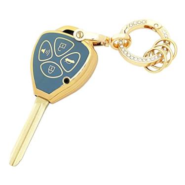 Imagem de chyoekey Capa de Chaveiro para Toyota - Compatível com Toyota 2007-2011 Camry, 2005-2010 Rav4, 2007-2013 Yaris, 2008-2013 Avalon, 2008-2013 Corolla, 2009-2014 Venza (Azul com Bordas Douradas)
