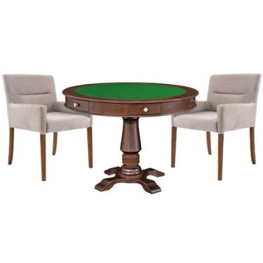 Imagem de Mesa de Jogos Carteado Victoria Redonda Tampo Reversível Imbuia com Kit 2 Cadeiras Vicenza Suede Nude - Gran Belo
