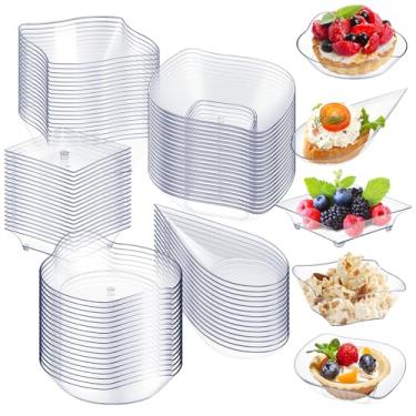 Imagem de Tessco Conjunto de 100 minipratos de sobremesa, pratos descartáveis para aperitivos de formas variadas, mini colheres de plástico para festa de casamento, aniversário (transparente)