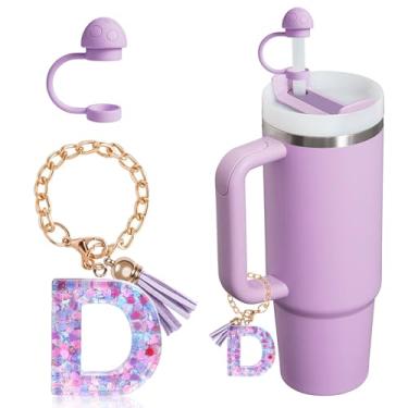 Imagem de HaimiLiya Capa de canudo com corrente de copo com letra inicial para acessórios Stanley Cup, tampa de palha de 10 mm, pingente de copo fofo, roxo