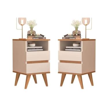 Imagem de Conjunto 2 Mesas de Cabeceira Jogo de Quarto Criado Moderno com 2 Gavetas 65cm de Altura - Kit Pop - PLM (OFF WHITE/CEDRO)