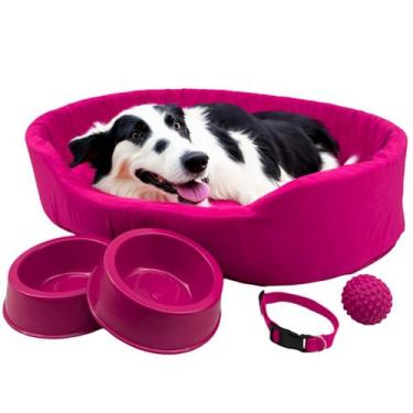 Imagem de Kit Pet Grande Cama Europa Potes Água Ração Coleira Bolinha - Supri Pe