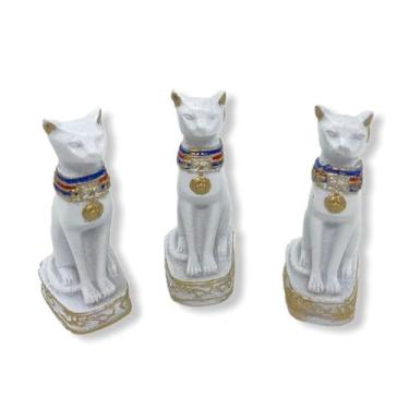 Imagem de Kit c/ 3 esculturas Bastets brancas  6,5 cm em resina - Lua Mística - 