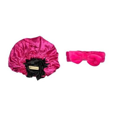 Imagem de Kit Touca de Cetim Adulto Rosa/Preto + Faixa Headband Preto - Encaraco