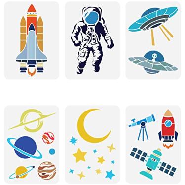 Imagem de FINGERINSPIRE 6 peças de estênceis com tema espacial, 21 x 29,7 cm, reutilizáveis, astronautas, estrelas, lua, planetas, foguetes, telescópios astronômicos, alienígenas, modelo de desenho de OVNI,