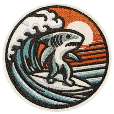 Imagem de Atensils Patch de passar a ferro de tubarão surfar com aplique ondulado ou costurado, perfeito para mochilas, jeans, jaquetas, chapéus e roupas, lindos apliques bordados engraçados e legais