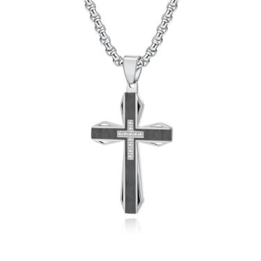 Imagem de Colar masculino com cruz de aço inoxidável, preto, azul, dois tons, crucifixo de aço titânio, pingente de cruz religiosa com corrente de 61 cm, presente de aniversário para marido, pai, namorado,