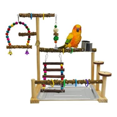 Imagem de kathson Parrot Play Stand periquito playground pássaro selva ginásio madeira Conure brinquedos de mastigar pendurar com balanços e copos alimentadores acessórios para gaiola de pássaros para