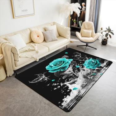 Imagem de Feelyou Tapete de área rosa azul-petróleo 12 x 18 cm romântico floral flor sala de estar conjunto para adultos preto azul-petróleo tapete decorativo reflexo na água