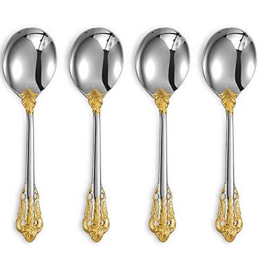 Imagem de KEAWELL Linda colher de sopa redonda, conjunto de 4, aço inoxidável 18/10, com detalhes dourados, lavável na lava-louças, espelho fino polido