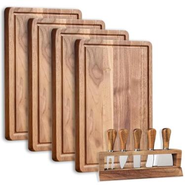 Imagem de Conjunto de 4 bandejas de madeira de acácia e 5 facas de queijo com suporte, 30 x 20 cm de madeira maciça, prato de servir para comida, frutas, lanches, pão, versátil (30 x 20 x 1,5 cm)