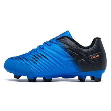 Imagem de LEOCI Chuteiras de futebol para meninos chuteiras de futebol rosa respiráveis atléticas infantis pretas para uso ao ar livre, sapatos de futebol internos para meninas AG/FG, Azul royal, 12.5 Little