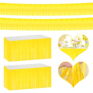 Imagem de Saias de mesa com franja metálica 4P para mesas retangulares pano de fundo cortinas de guirlanda para desfile, boias de casamento, formatura, aniversário, festas de aniversário (amarelo makaron)