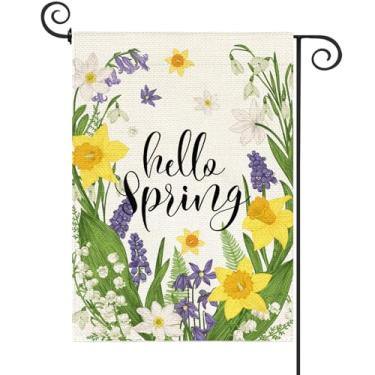 Imagem de Baccessor Hello Spring Bandeira de jardim 30 x 45 cm serapilheira dupla face amarela narciso roxo floral casa de fazenda Páscoa pequena bandeira de quintal primavera verão férias sazonal decoração