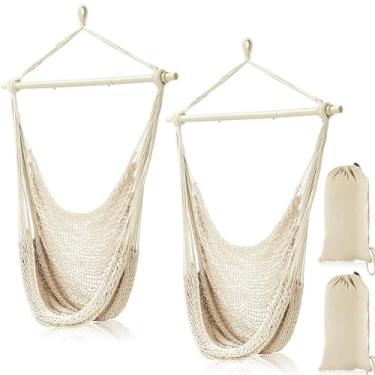 Imagem de Barydat Cadeira de rede com 2 peças, cadeira de balanço para pendurar no exterior, cadeira de tecelagem de corda de algodão bege com barras de metal destacáveis de 101 cm para interior e exterior, quintal, sala de estar, quarto, jardim