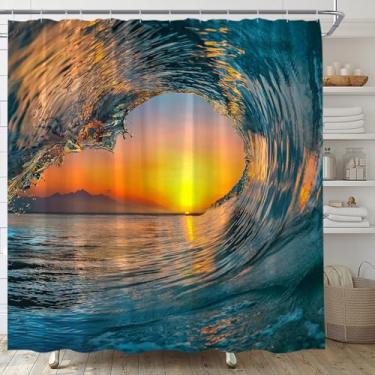 Imagem de AMFD Cortina de chuveiro com ondas oceânicas, mar, pôr do sol, nascer do sol, surfe, verão, tropical, praia, ondas azuis, natureza, conjunto de tecido decorativo inclui ganchos, (177,8 cm x 70 A)