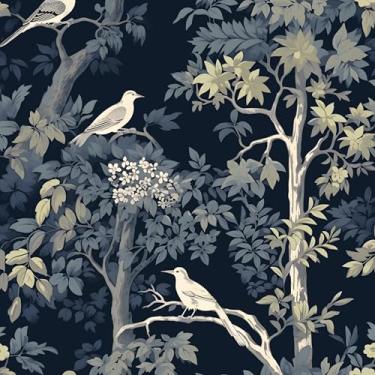 Imagem de Papel de parede de pássaro azul escuro descascar e colar, papel de contato florestal de árvores amarelas 44 cm x 998 cm, papel de parede autoadesivo à prova d'água para quarto, bancada, armários de