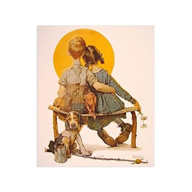 Imagem de JZSDGB Norman Rockwell Prints-Canvas Print Wall Art Famous Paint-'Boy and Girl Gazing at the Moon' Art Reproduction Canvas Picture Posters-for Living Room Wall Decor 60x70cm (24x28in) Sem moldura