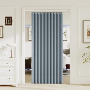 Imagem de Turquoize Cortina magnética 100% blackout para portas sanfonadas e dobráveis – Cortina plissada texturizada de linho para armário e divisória de quarto, 1 painel, L 139 x C 192, azul pedra