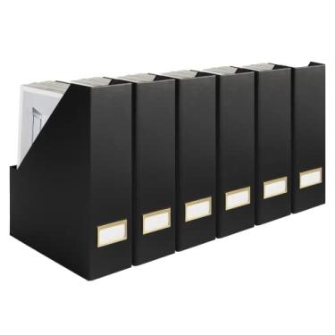 Imagem de BLU MONACO Keep Your Space Organized - Set of 6 Black Foldable Magazine File Boxes with Gold Label Holders - Perfect Magazine Holder, Vertical File Folder Organizer, and Book and Binder Storage