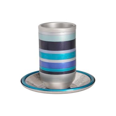 Imagem de YAIR EMANUEL Copo Kiddush de alumínio anodizado para Shabat com anéis multicoloridos e pires combinando - presente de casamento judaica moderna (Tons de azul CAB-2)