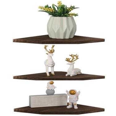 Imagem de DUICIRX Prateleiras de parede de canto, prateleiras flutuantes de canto de madeira com pista de cabo, exibição de armazenamento de parede para acessórios de TV, monitor, alto-falante (marrom escuro