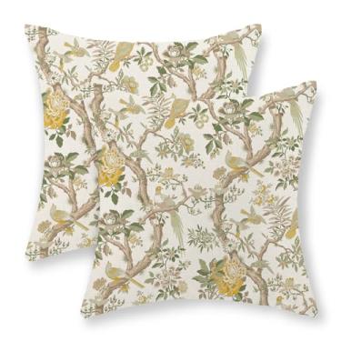 Imagem de GOLIANDA Capas de almofada de pássaros florais verdes amarelas 45 x 45 conjunto de 2 almofadas chinoiserie flores vintage pássaros decorativas fronhas decorativas ao ar livre chinoiserie decoração