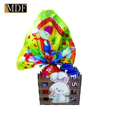Imagem de Cesta com Cercado e Aplique Coelho Cenoura Páscoa 15x15x12 Mdf Madeira