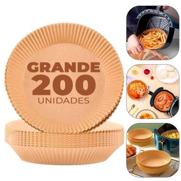 Imagem de Kit 200 Forma Redonda Descartável Grande para Fritadeira Elétrica Air Frayer 16cm Antiaderente Suporta até 230ºC